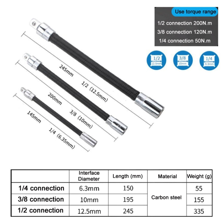 3 PCS/Set 1/4-3/8-1/2 Sleeve Extension Bendable Universal Joint Rod, Color: Black