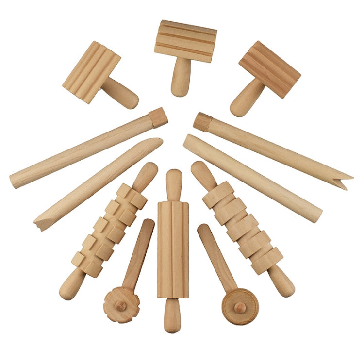 12 In 1 Plasticine Accessory DIY Slime Play Dough Wooden Tools Roller Stamp Rolling Pin Spoon