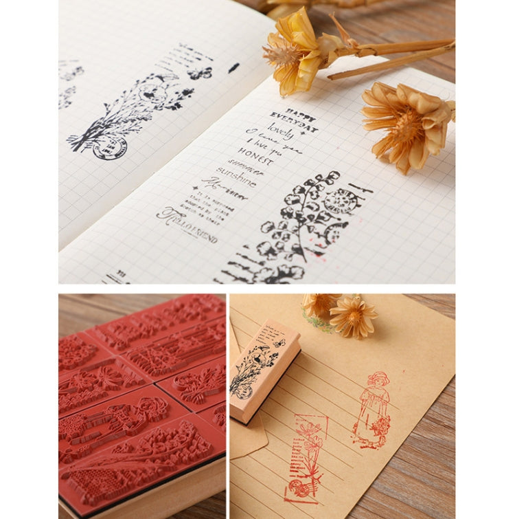 4 PCS Wooden Flowers and Plants Girl Stamp Fresh Plant Handbook DIY Decorative Stamp(Suzuran)
