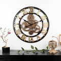 Vintage Wooden Round Gear Silent Wall Clock Rome Number 58cm 6 Gears Golden