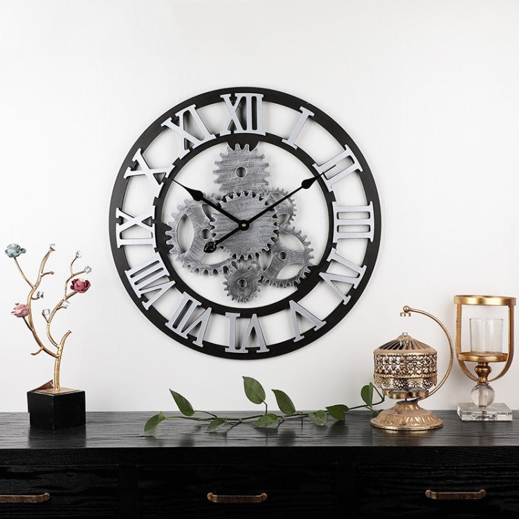 Vintage Wooden Round Gear Silent Wall Clock Rome Number  58cm  6 Gears  Silver