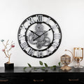 Vintage Wooden Round Gear Silent Wall Clock Rome Number  58cm  6 Gears  Silver