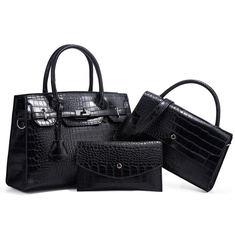 3 In 1 Crocodile Print Diagonal Cross-Body Bag Large Capacity Tote Bag(Black)
