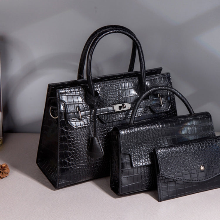 3 In 1 Crocodile Print Diagonal Cross-Body Bag Large Capacity Tote Bag(Black)