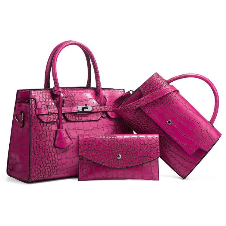 3 In 1 Crocodile Print Diagonal Cross-Body Bag Large Capacity Tote Bag(Rose Red)