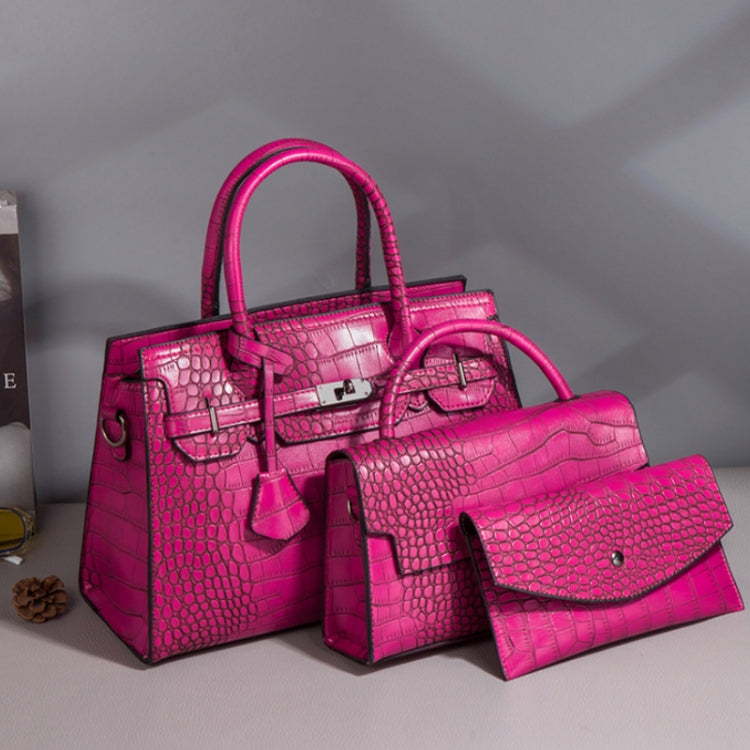 3 In 1 Crocodile Print Diagonal Cross-Body Bag Large Capacity Tote Bag(Rose Red)