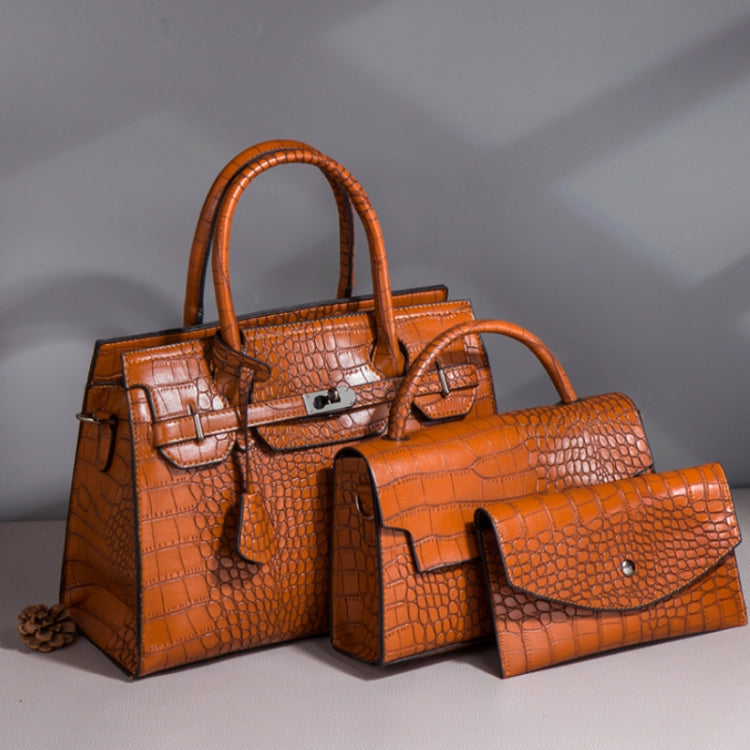 3 In 1 Crocodile Print Diagonal Cross-Body Bag Large Capacity Tote Bag(Dark Brown)