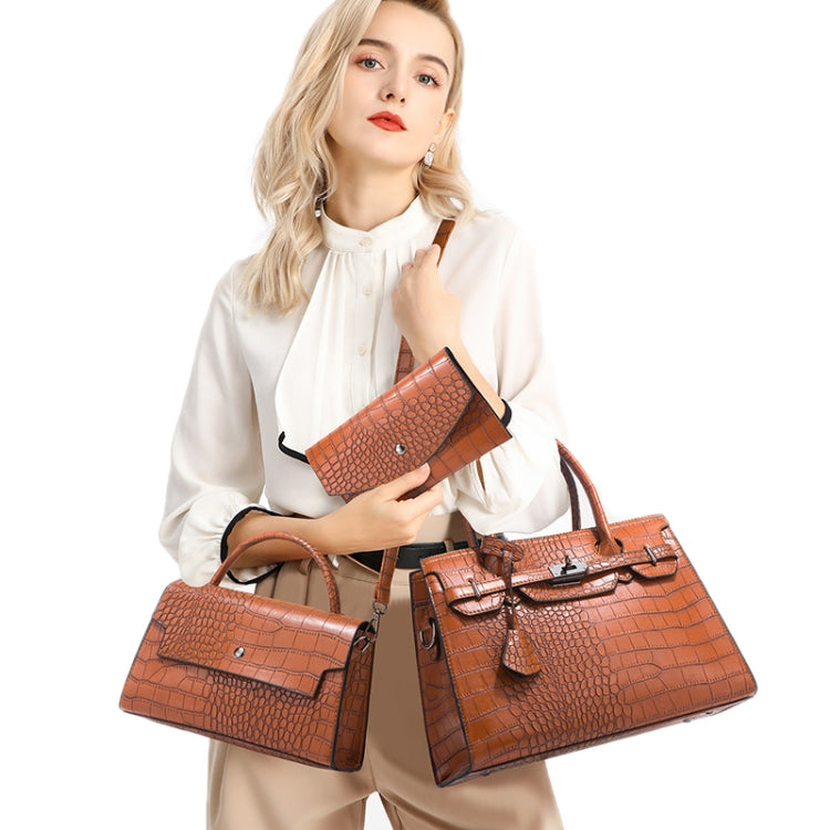 3 In 1 Crocodile Print Diagonal Cross-Body Bag Large Capacity Tote Bag(Dark Brown)