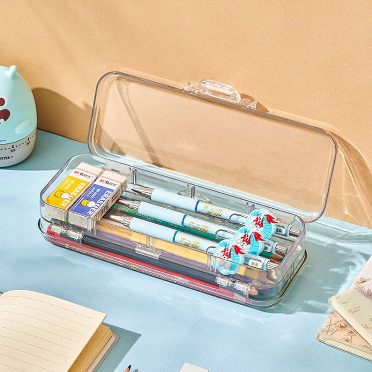 RJ 26 Large Capacity Simple Pen Bag Hand Lifting Transparent Double Layer Student Stationery Storage Box(Transparent)