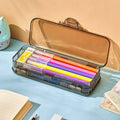 RJ 26 Large Capacity Simple Pen Bag Hand Lifting Transparent Double Layer Student Stationery Storage Box(Khaki)