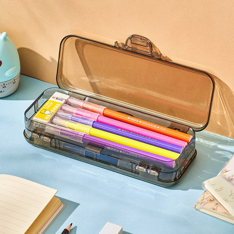RJ 26 Large Capacity Simple Pen Bag Hand Lifting Transparent Double Layer Student Stationery Storage Box(Khaki)