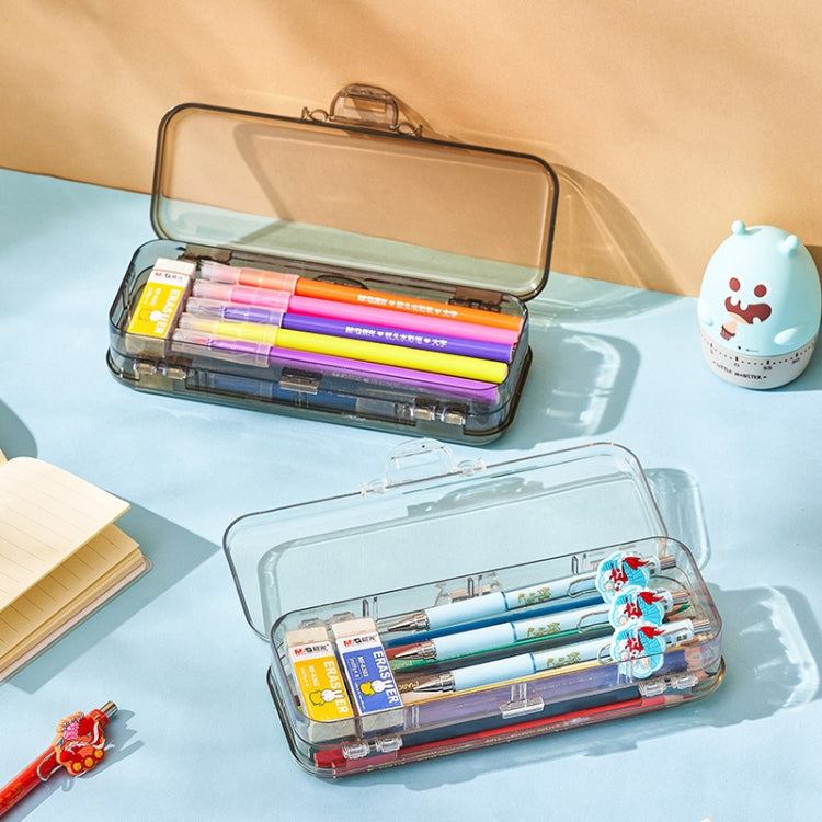 RJ 26 Large Capacity Simple Pen Bag Hand Lifting Transparent Double Layer Student Stationery Storage Box(Transparent)