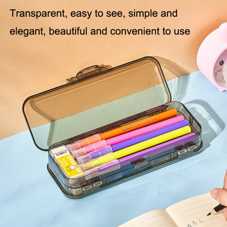 RJ 26 Large Capacity Simple Pen Bag Hand Lifting Transparent Double Layer Student Stationery Storage Box(Khaki)