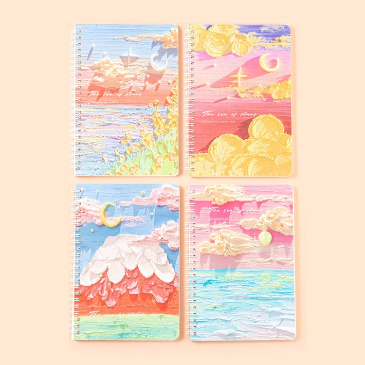 4books /Set  W752B Oil Painting Landscape A5 Coil Book Thickened Horizontal Line Notebook(Star Sea)