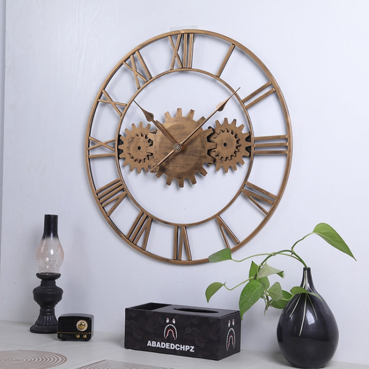 60cm Vintage Iron Round Gear Wall Clock Silent Large Art Clock(Silver+Silver Needle)