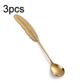 304 Stainless Steel Feather Spoon Fork Literary Tableware,Style: 3pcs Spoon-Titanium Gold