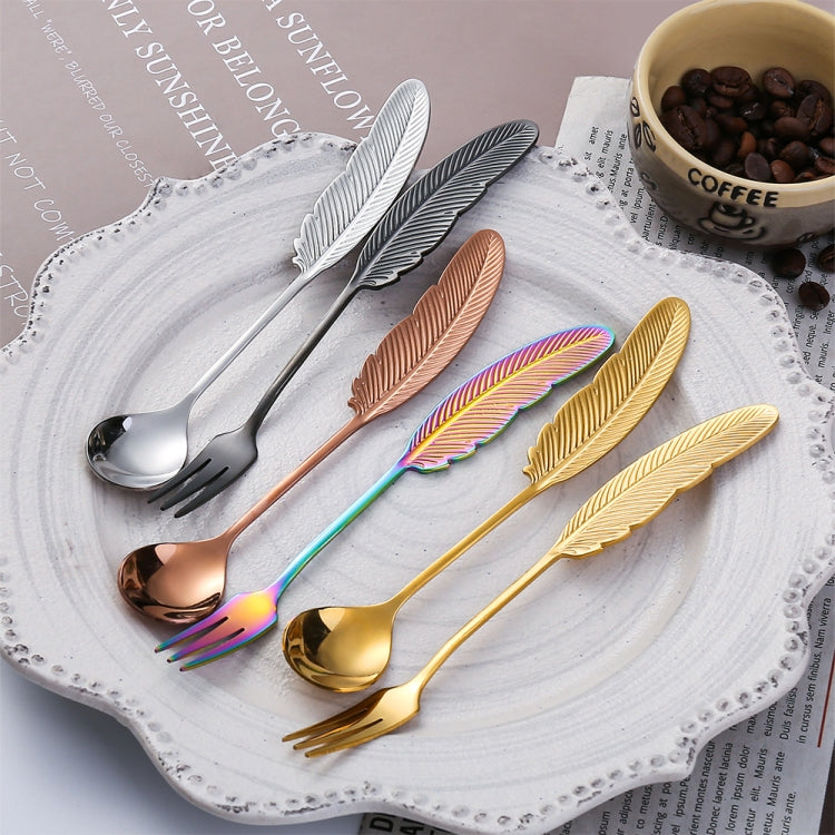 304 Stainless Steel Feather Spoon Fork Literary Tableware,Style: 3pcs Fork-Titanium Gold