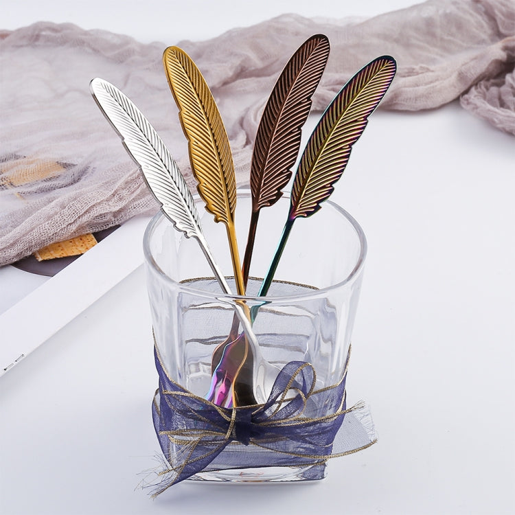 304 Stainless Steel Feather Spoon Fork Literary Tableware,Style: 3pcs Fork-Titanium Gold