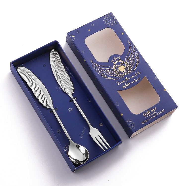 304 Stainless Steel Feather Spoon Fork Literary Tableware,Style: 2 In 1 True Color- Blue Box