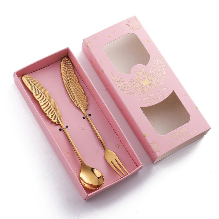 304 Stainless Steel Feather Spoon Fork Literary Tableware,Style: 2 In 1 Titanium -Pink Box