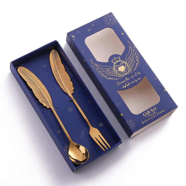 304 Stainless Steel Feather Spoon Fork Literary Tableware,Style: 2 In 1 Titanium-Blue Box