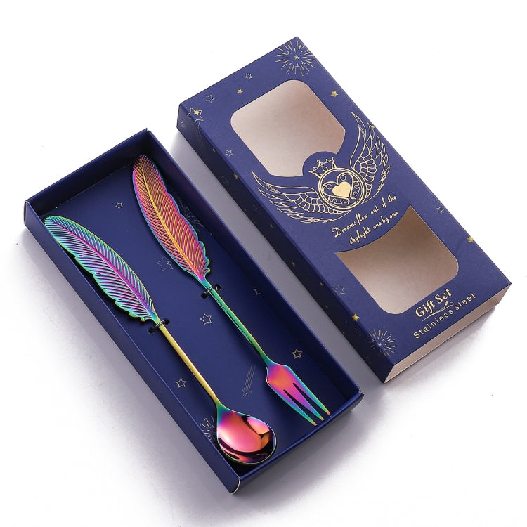 304 Stainless Steel Feather Spoon Fork Literary Tableware,Style: 2 In 1 Dazzle-Blue Box