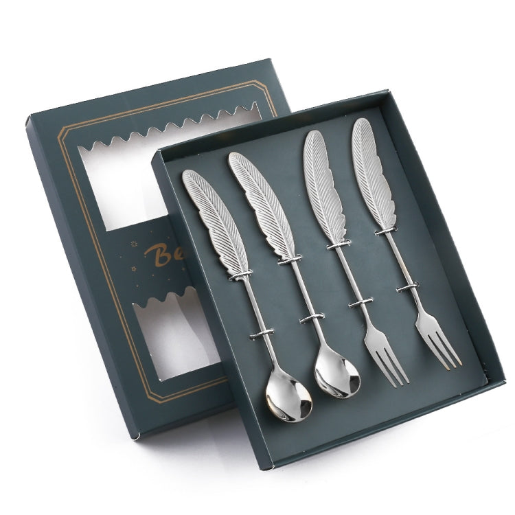 304 Stainless Steel Feather Spoon Fork Literary Tableware,Style: 4 In 1 True Color -Green Box