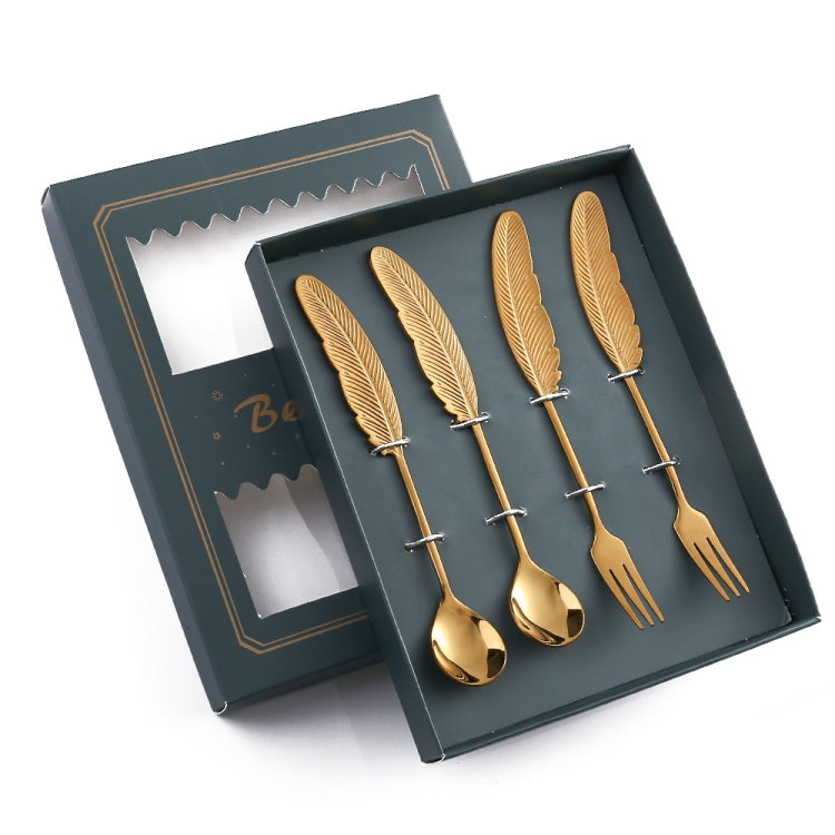 304 Stainless Steel Feather Spoon Fork Literary Tableware,Style: 4 In 1 Titanium-Green Box