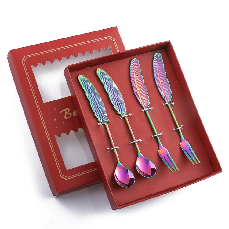 304 Stainless Steel Feather Spoon Fork Literary Tableware,Style: 4 In 1 Dazzle-Red Box