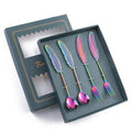 304 Stainless Steel Feather Spoon Fork Literary Tableware,Style: 4 In 1 Dazzle-Green Box