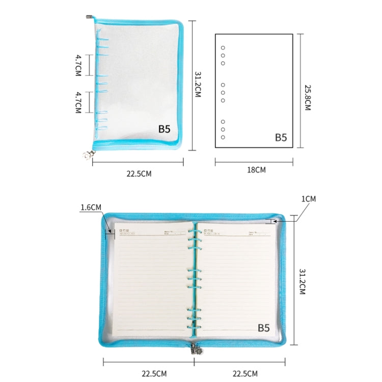 B5 9 Rings Loose-leaf Journal Clear PVC Cover Zipper Planner Notebook Without Inner Pages(Black)