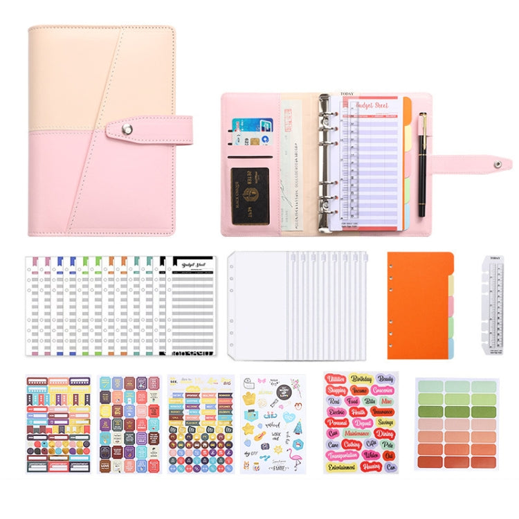A6 YMX-012 PU Leather Budget Binder Notebook Macaron Color Matching Handbook(Khaki+Pink)