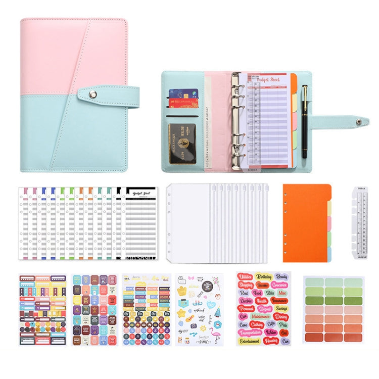 A6 YMX-012 PU Leather Budget Binder Notebook Macaron Color Matching Handbook(Pink+Blue)
