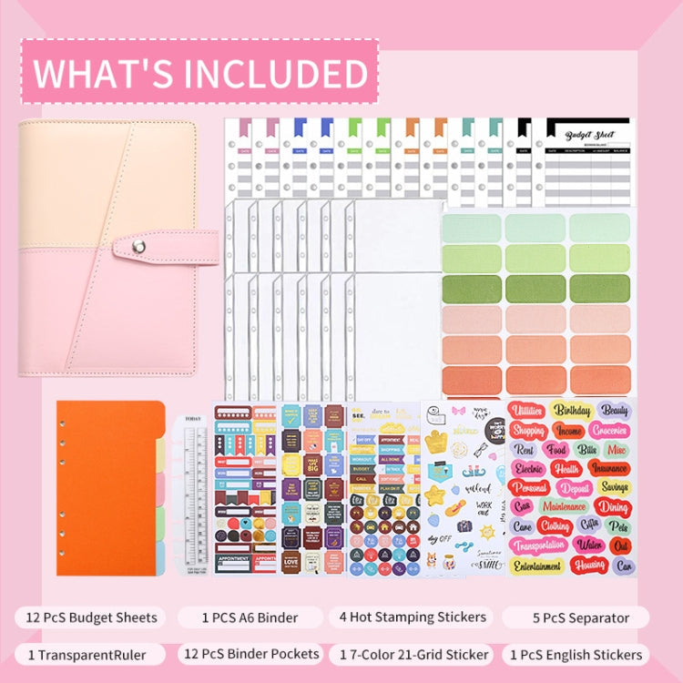 A6 YMX-012 PU Leather Budget Binder Notebook Macaron Color Matching Handbook(Pink+Blue)