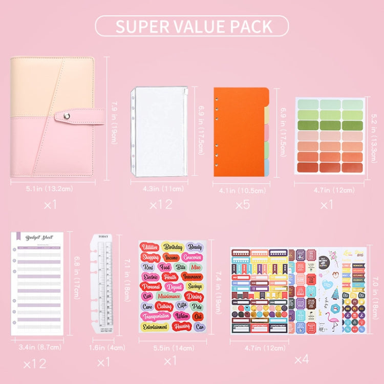 A6 YMX-012 PU Leather Budget Binder Notebook Macaron Color Matching Handbook(Pink+Blue)