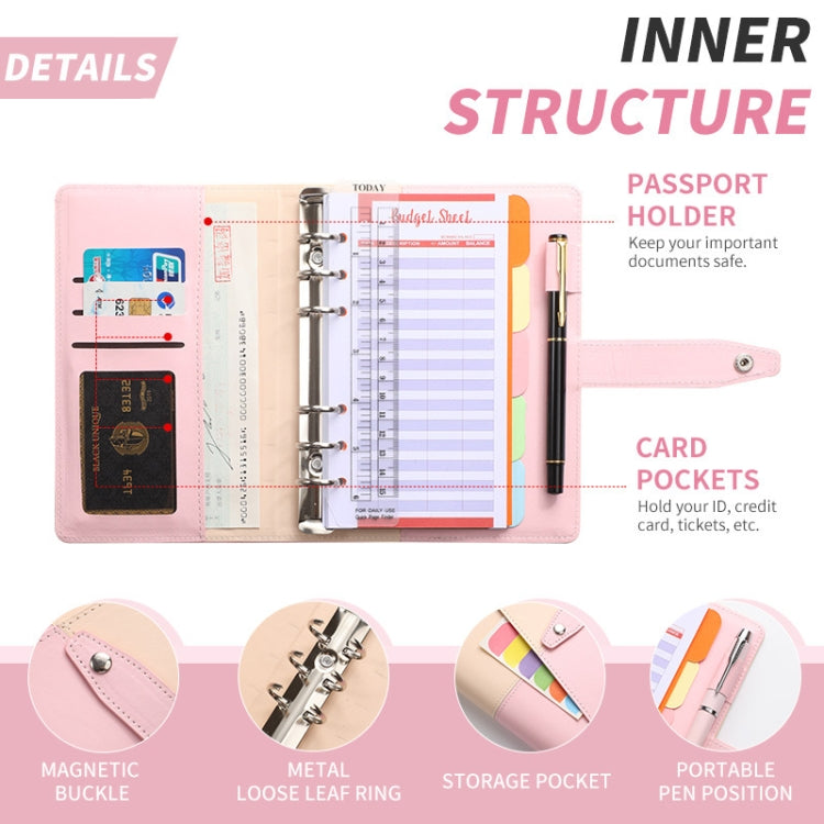 A6 YMX-012 PU Leather Budget Binder Notebook Macaron Color Matching Handbook(Pink+Blue)