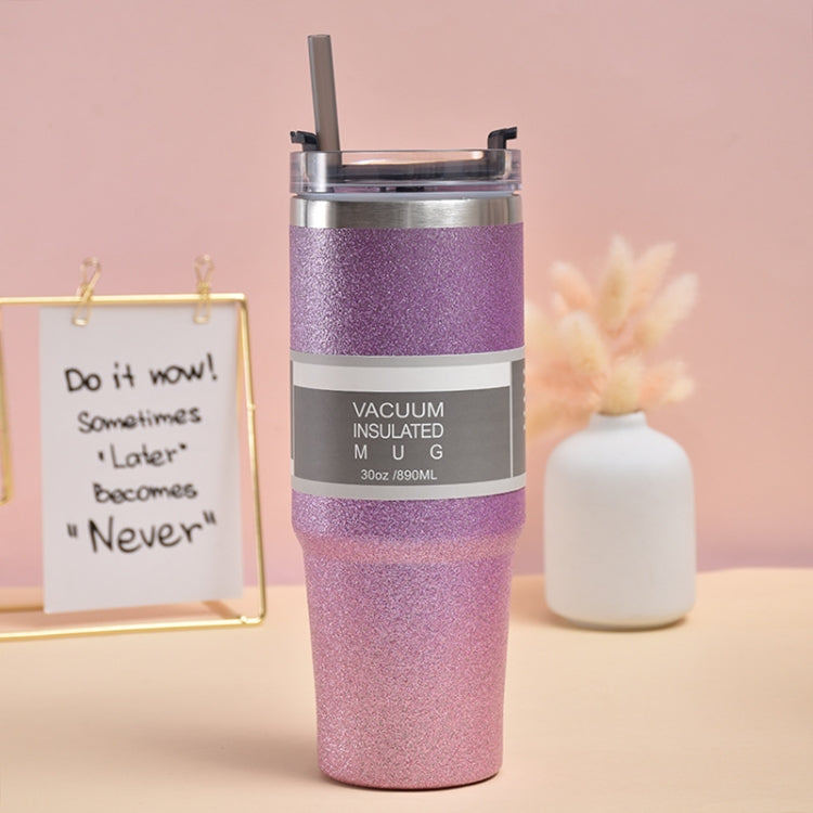 30oz Glitter Insulation Coffee Cup Double Layer Ice Cup Stainless Steel Car Cup With Straw(Purple Pink)