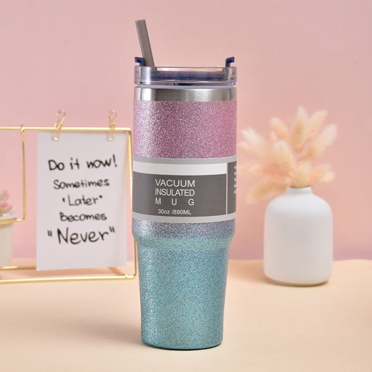 30oz Glitter Insulation Coffee Cup Double Layer Ice Cup Stainless Steel Car Cup With Straw(Pink Blue)