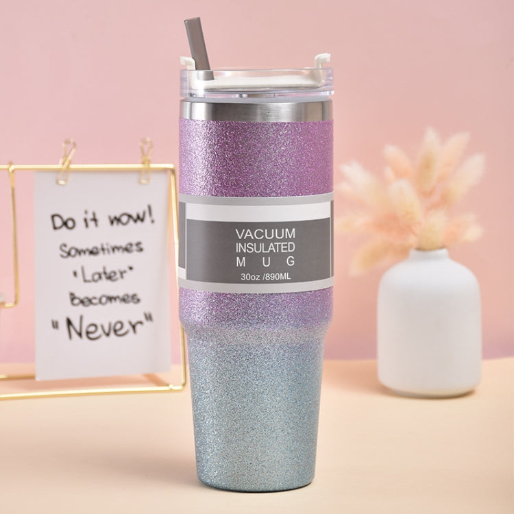 30oz Glitter Insulation Coffee Cup Double Layer Ice Cup Stainless Steel Car Cup With Straw(Purple Blue)