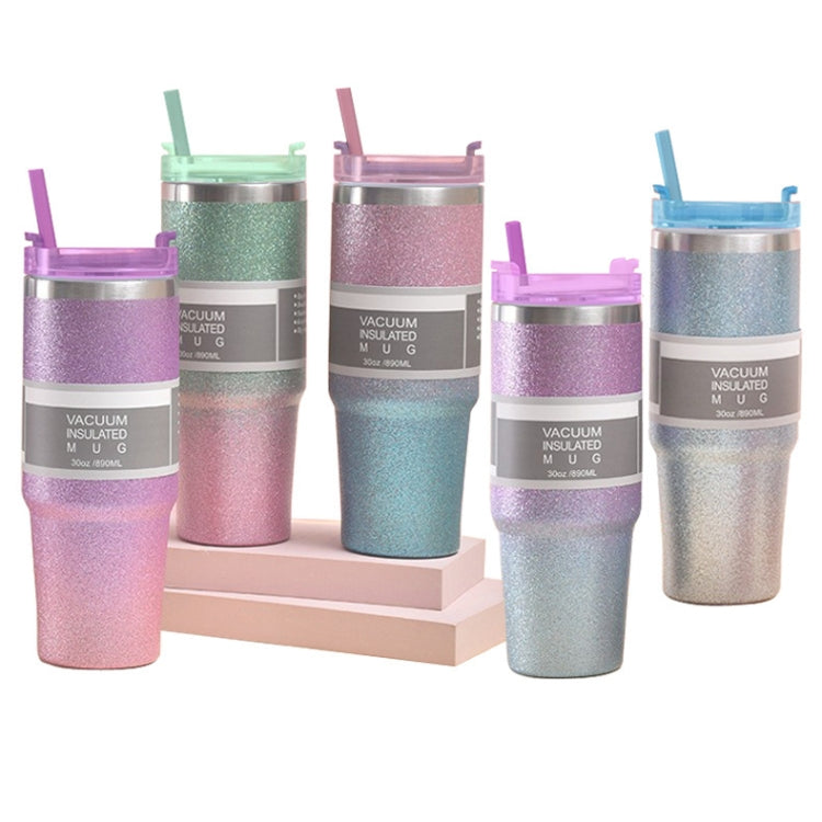 30oz Glitter Insulation Coffee Cup Double Layer Ice Cup Stainless Steel Car Cup With Straw(Purple Pink)