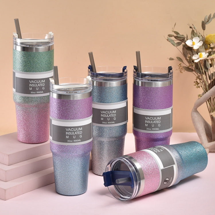 30oz Glitter Insulation Coffee Cup Double Layer Ice Cup Stainless Steel Car Cup With Straw(Pink Blue)