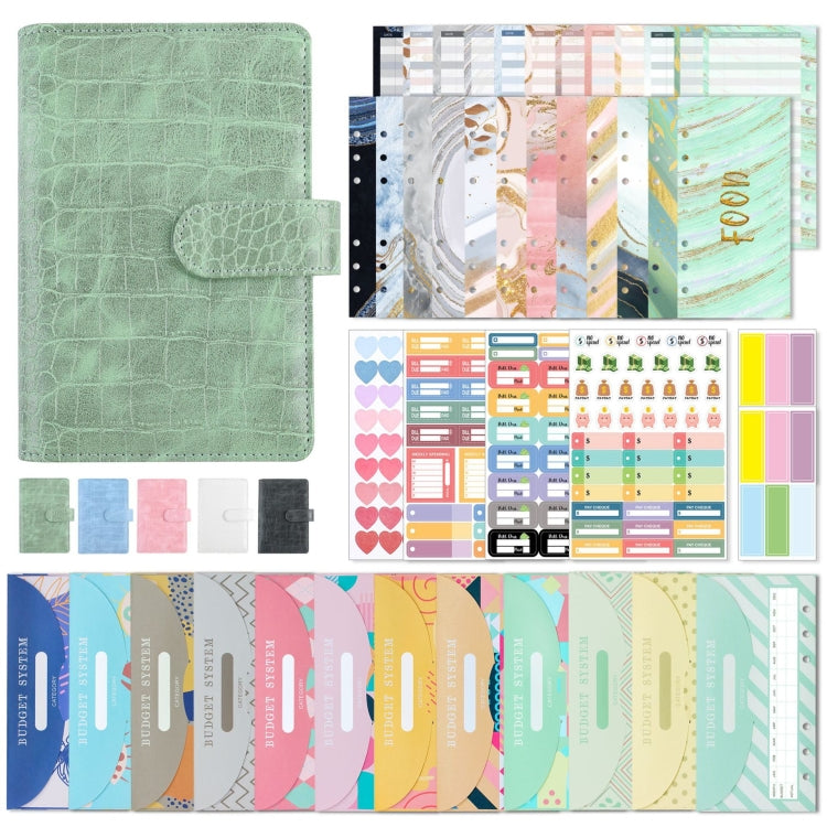 A6 Crocodile Pattern PU Leather Loose-Leaf Binder Budget Notebook Cash Envelope Organizer(Bean Green)