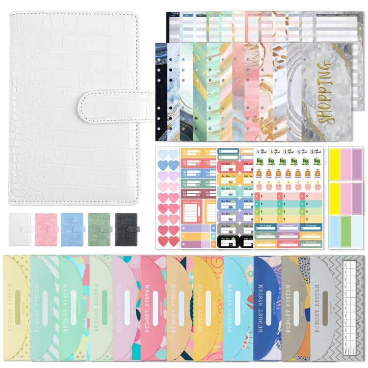 A6 Crocodile Pattern PU Leather Loose-Leaf Binder Budget Notebook Cash Envelope Organizer(Warm White)