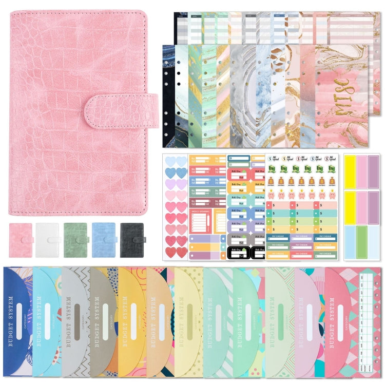 A6 Crocodile Pattern PU Leather Loose-Leaf Binder Budget Notebook Cash Envelope Organizer(Pink)