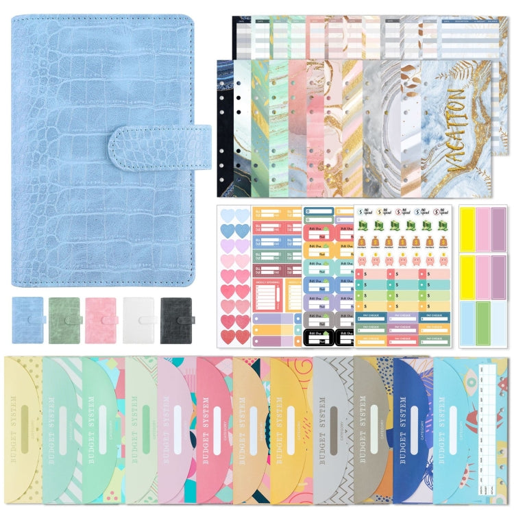 A6 Crocodile Pattern PU Leather Loose-Leaf Binder Budget Notebook Cash Envelope Organizer(Glaze Blue)