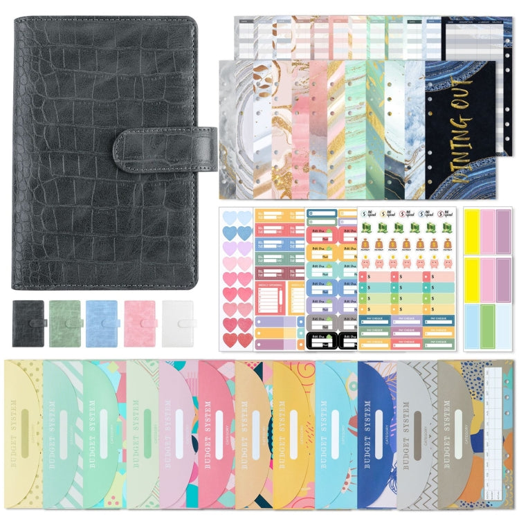 A6 Crocodile Pattern PU Leather Loose-Leaf Binder Budget Notebook Cash Envelope Organizer(Rock Gray)
