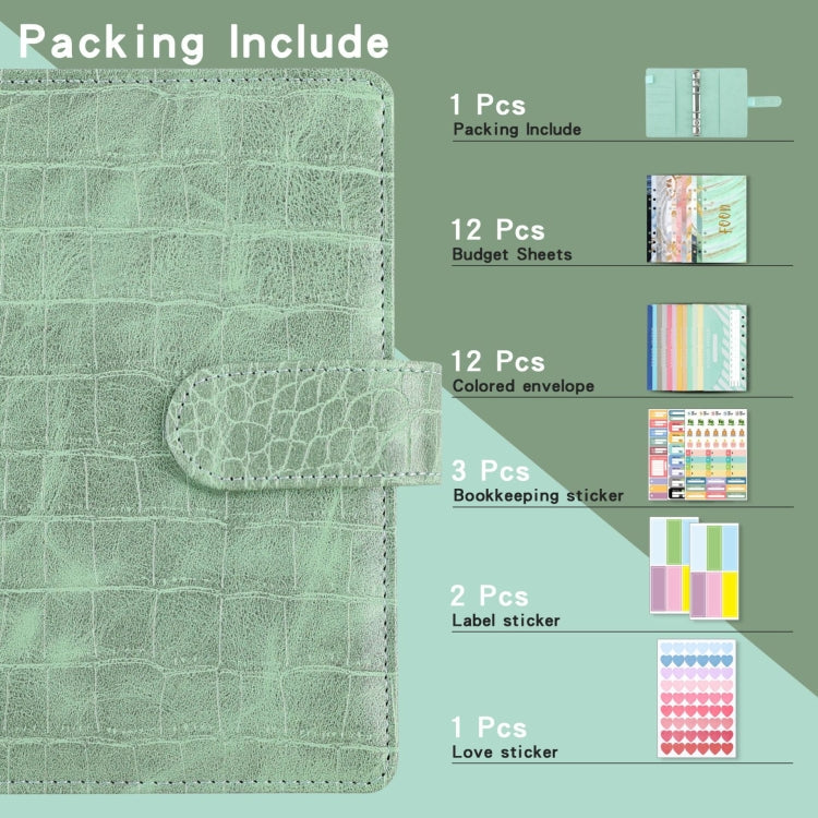 A6 Crocodile Pattern PU Leather Loose-Leaf Binder Budget Notebook Cash Envelope Organizer(Bean Green)