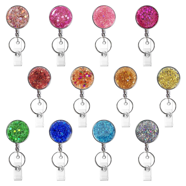 2pcs  Diamond Glitter Sequins Retractable Pull Badge Reel Name Tag Card Badge Holder(Pink)