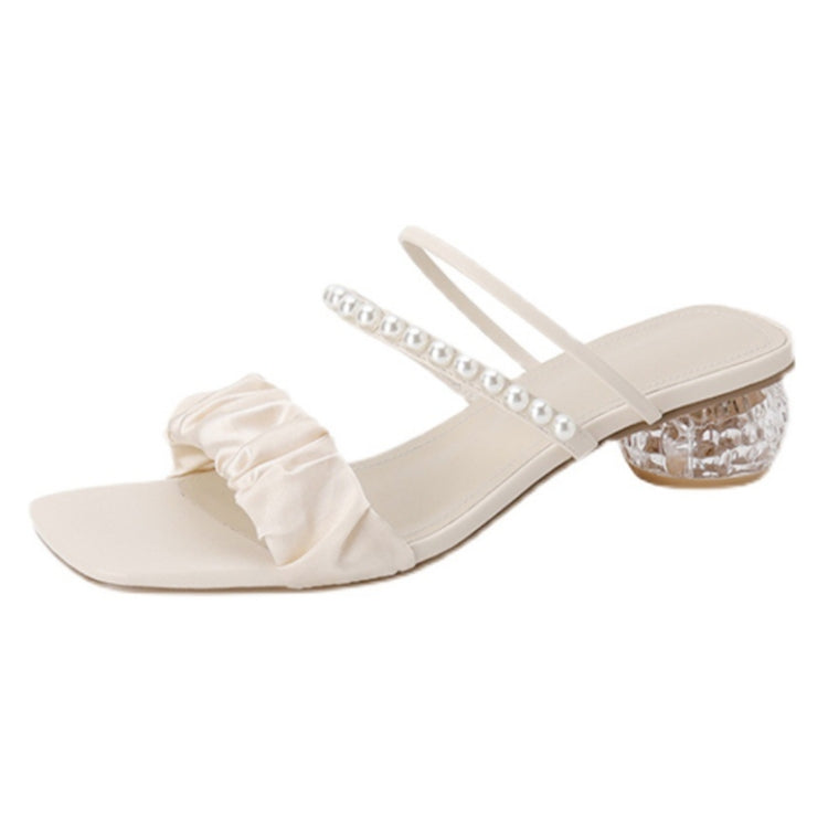Silk Mesh Pearl Outerwear Crystal Mid-heel Sandals Sippers, Size: 35(Beige)