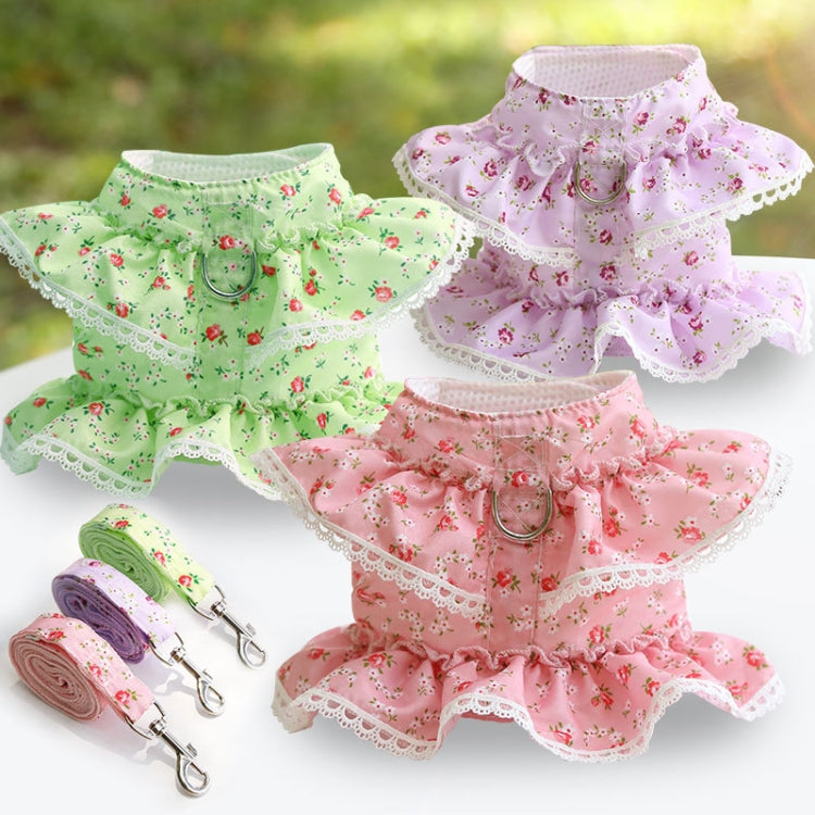 Pet Lace Vest Clothes Harness Leash, Size: M(Green Floral)